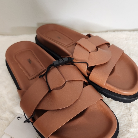 Zara Low Heeled Crossed Brown Leather Straps NWT Womens US 6.5 - Picture 7 of 7